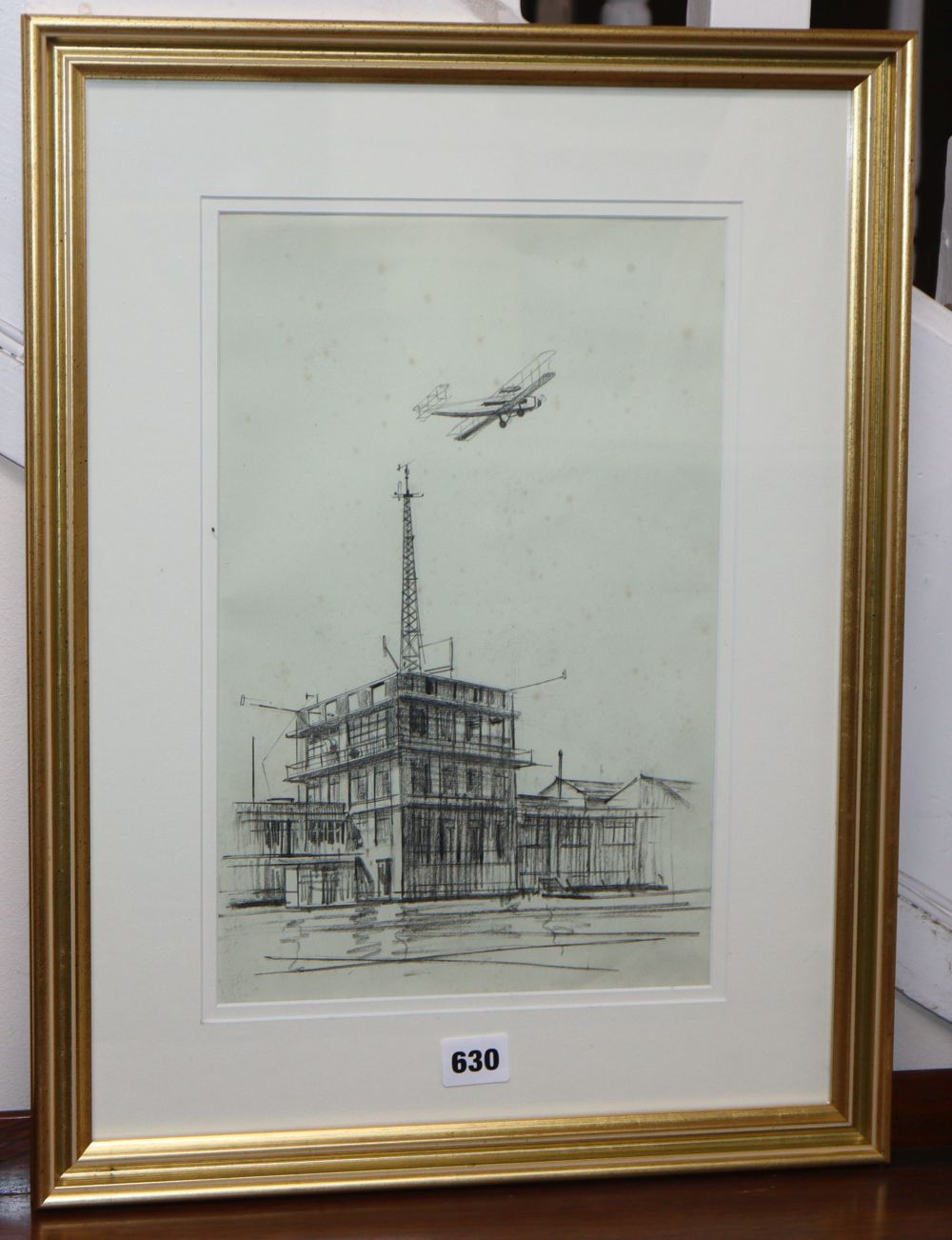 Douglas Ettridge (1927-2009), pencil drawing, Bi-plane flying over Croydon Airport Tower, Studio stamp, 35 x 23cm
